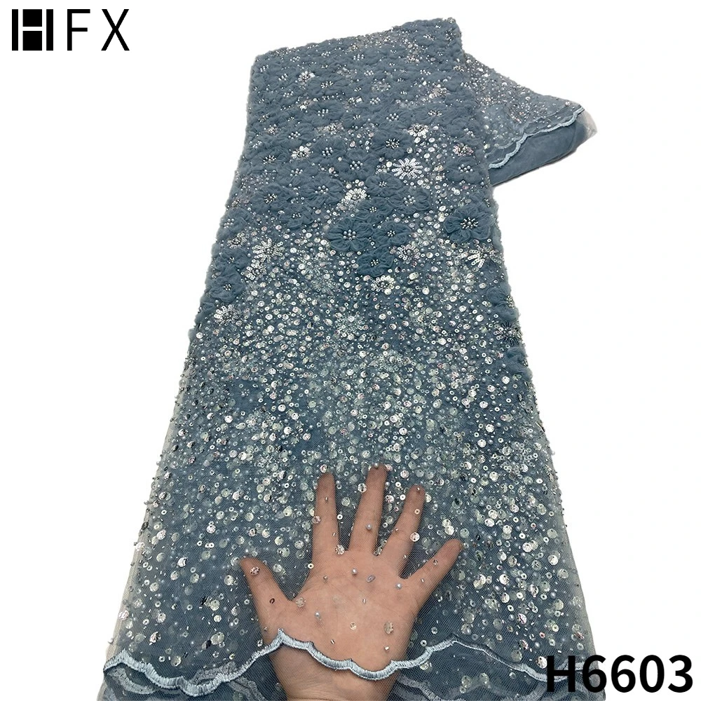HFX African Lace Fabric 2022 Beads And Pearls Fashion 3D Flower Embroidery French Tulle Lace Fabric With Sequins For Bride F6603