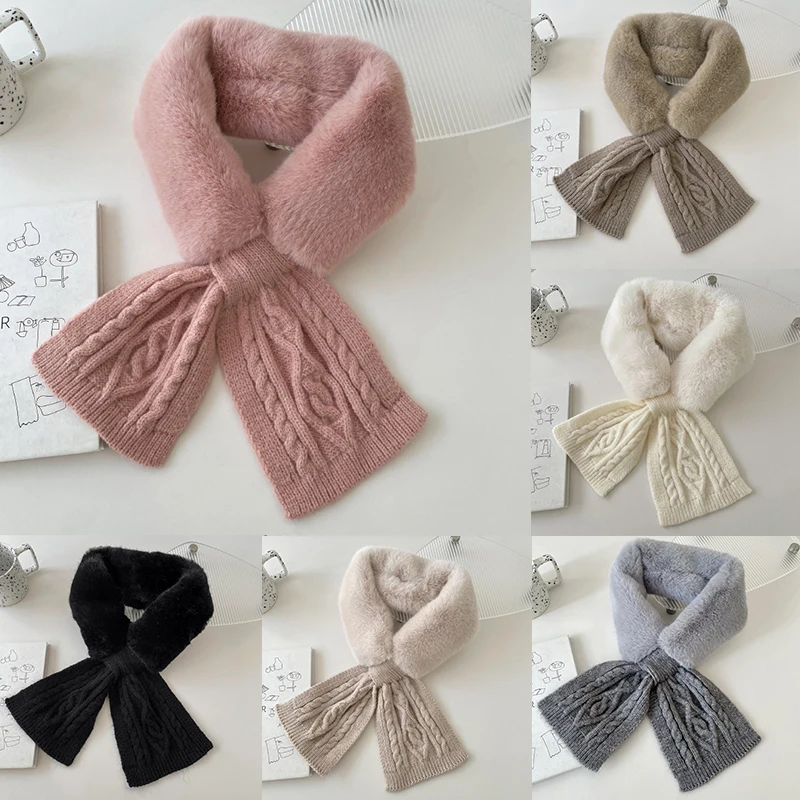 

Autumn Winter Warm Stitching Knitted Scarf For Women Faux Rabbit Fur Collar Cross Plush Scarves Windproof Neck Warm Neckerchief