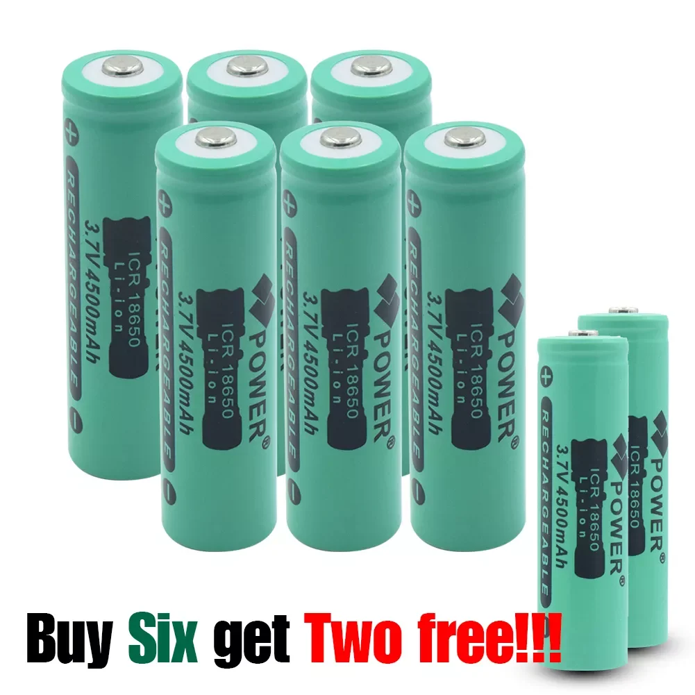 

(buy 6 Get 2 Free) 3.7 V Volt 4500 Mah 18650 Lithium Rechargeable Battery ICR 18650 For Flashlight Power Bank Batteries