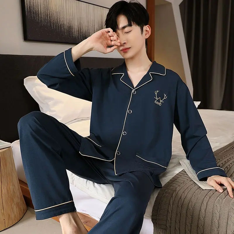 2023 new men's pajamas spring and autumn high-grade cotton long-sleeved trousers two-piece suit home clothes