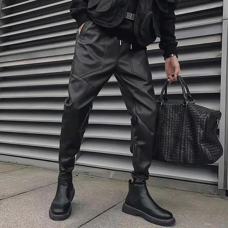 

HOUZHOU Black Motorcycle Leather Pants Faux Leather Streetwear Techwear Hip Hop Trousers Male Harajuku Korean Waterproof Street