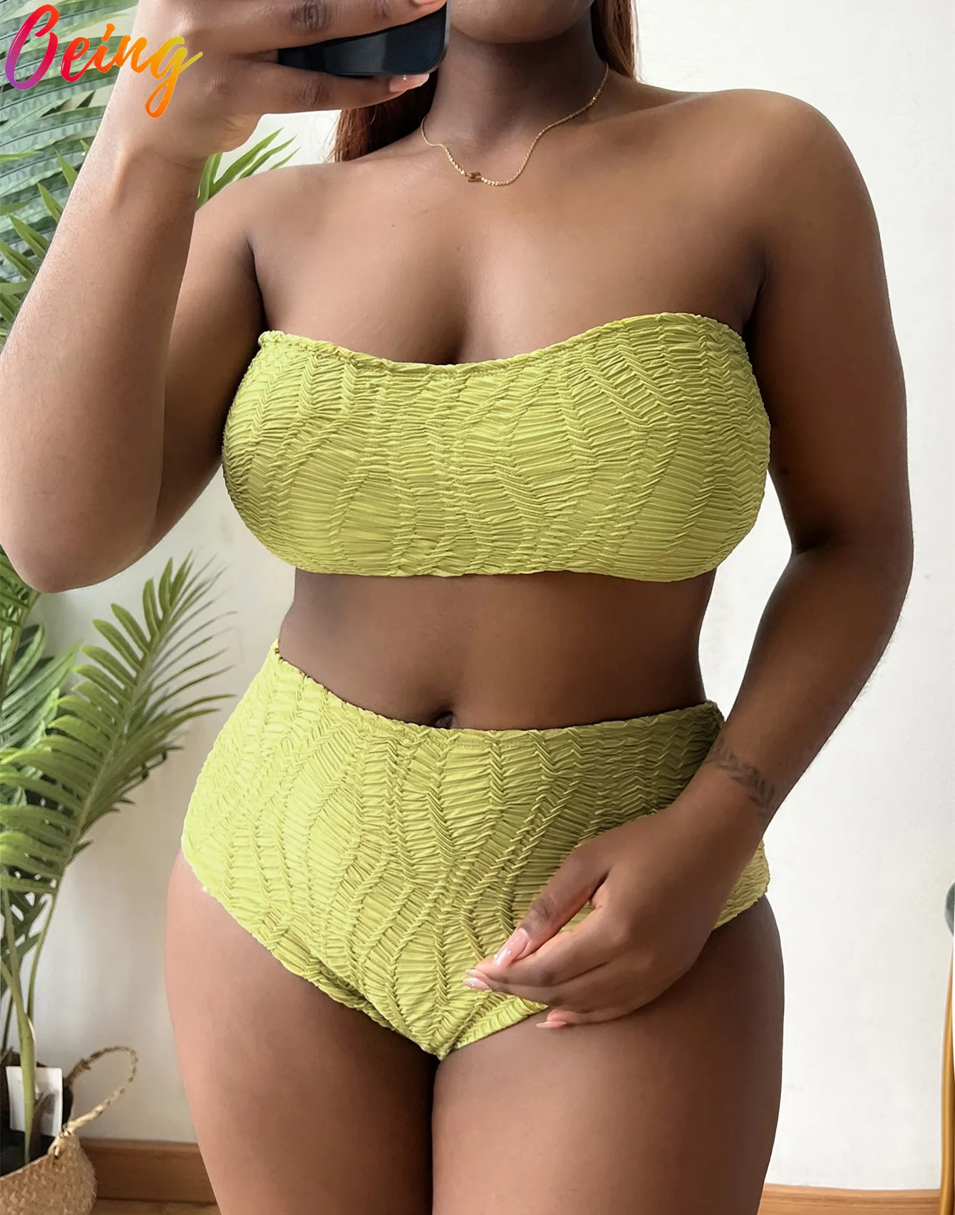 

OEING XL-4XL Sexy Bikini Bandeau Top High Waist Thong Large Size Women's Swimsuit Push Up Bathing Suit Swimwear Monokini 2022