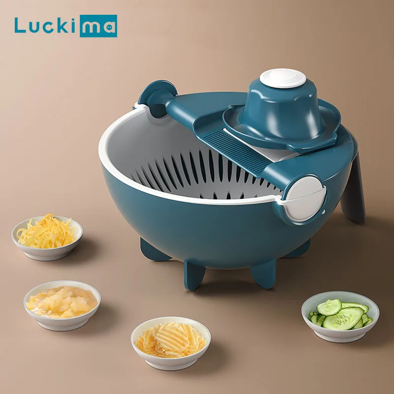 

New 9-in-1 Vegetable Cutter Potato Chip Slicer Cheese Garlic Grater with Drain Basket Fruit Peeler Kitchen Tools Spiralizer