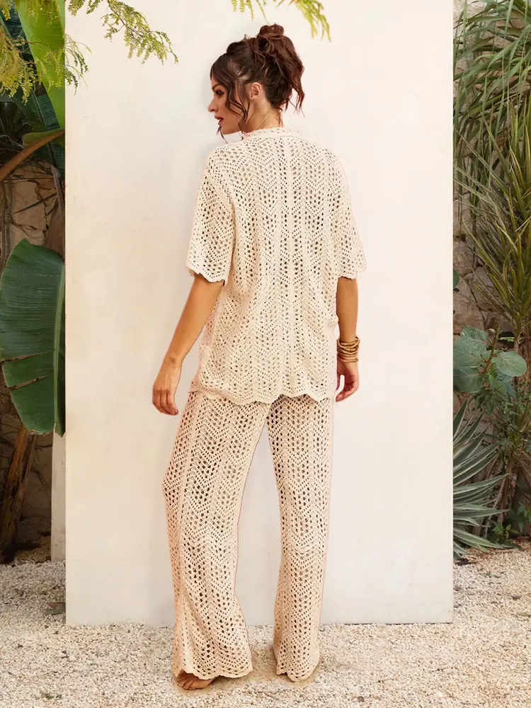 Повседневная вязаная крючком рубашка и брюки с тепловой волной бежевый комплект