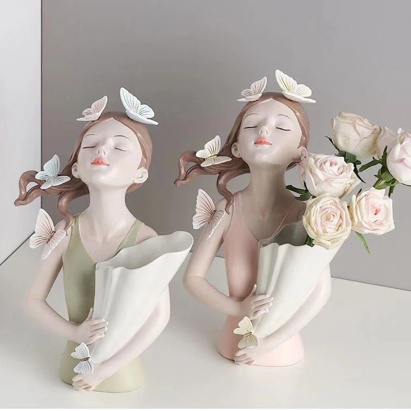 Luxury High-end Resin Vase Small Ornaments Small Butterfly Holding Girl Flower Vase Birthday Gift Modern Simple Home Accessories