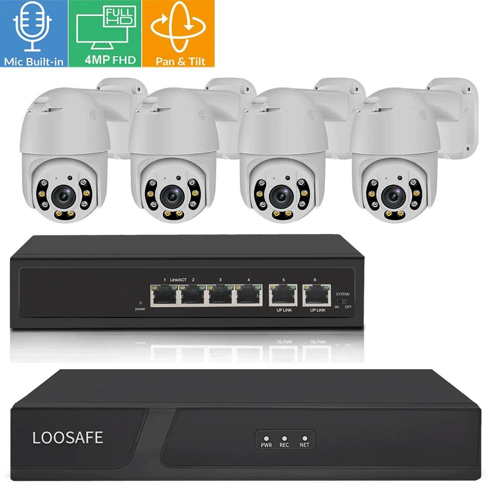 

LOOSAFE 4CH 5MP dome pan tilt motion camera outdoor high quality camera kit poe ptz double light colorful infrared night vision