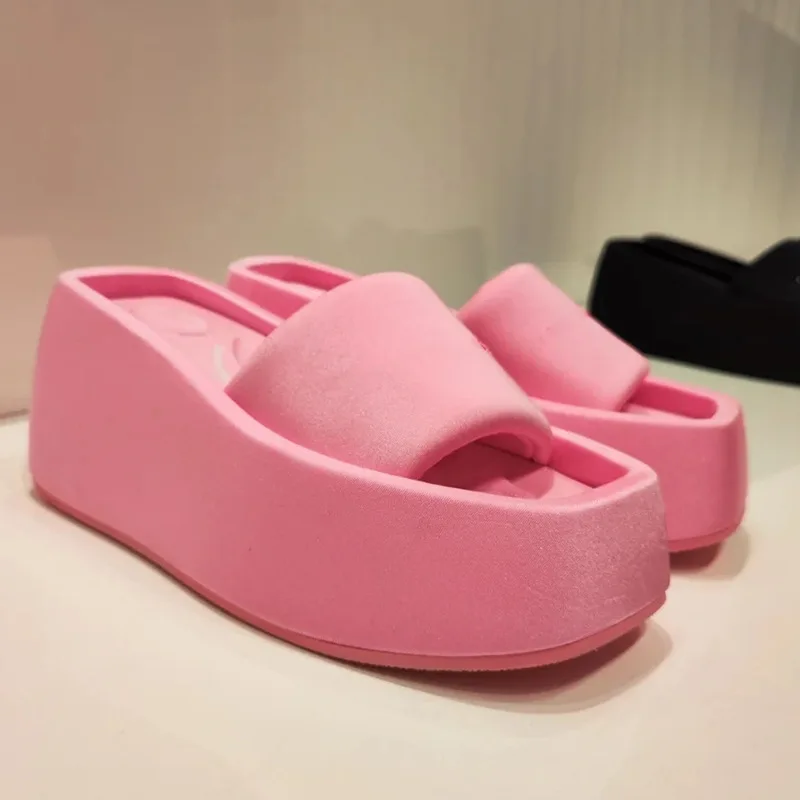 

New Summer Platform Women Sandals Slippers Square Toe Brand Satin Slippers Women Sexy High Heels Shoes Beach Sandalias De Tacon
