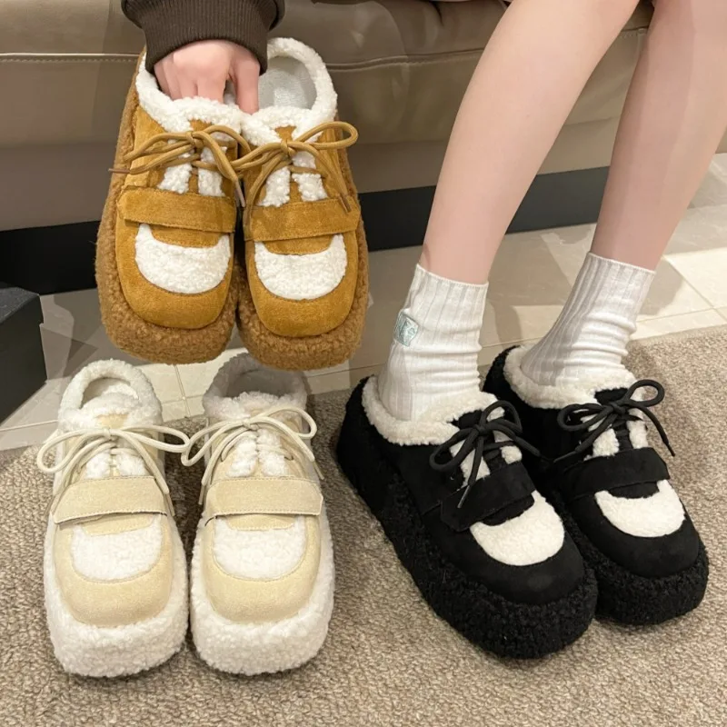 Женские замшевые тапочки на меху платформе теплая плюшевая хлопковая обувь