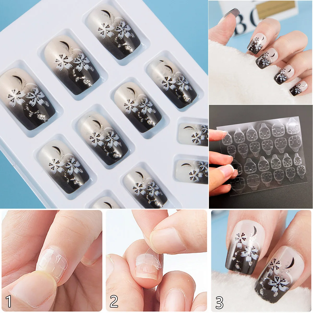 

JQ 24 pcs in 1 Box With Nail Glue Tape Stars Pattern Press On False Nail Art Tips Full Cover Fake Nail Tip 10 Sizes JQ009
