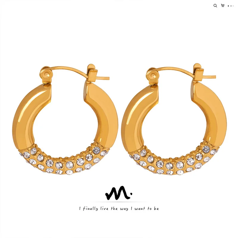 

Fashion Hong Kong Style Elegant Socialite Inlaid Rhinestone Circle Earrings Female Titanium Steel Gold Plated Non-Fading Earring