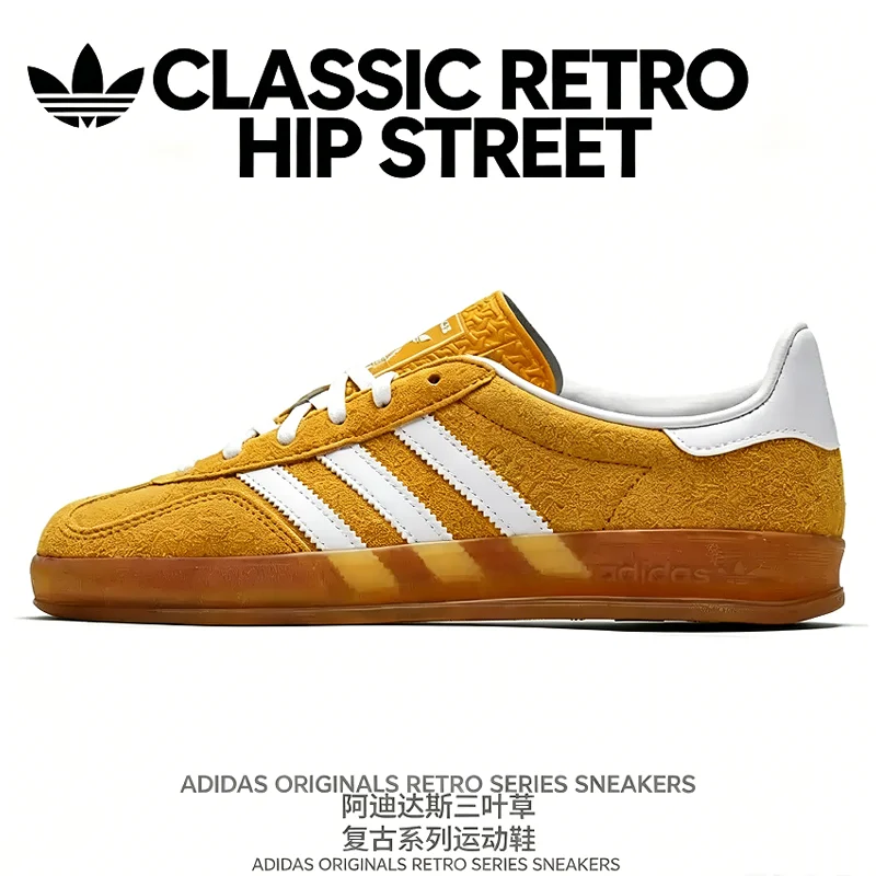 Фото Женские кроссовки Adidas Originals KH6037 желтого цвета из ткани в стиле ретро с тремя полосками, низкие, на резиновой подошве, повседневные, для скейтбординга №1