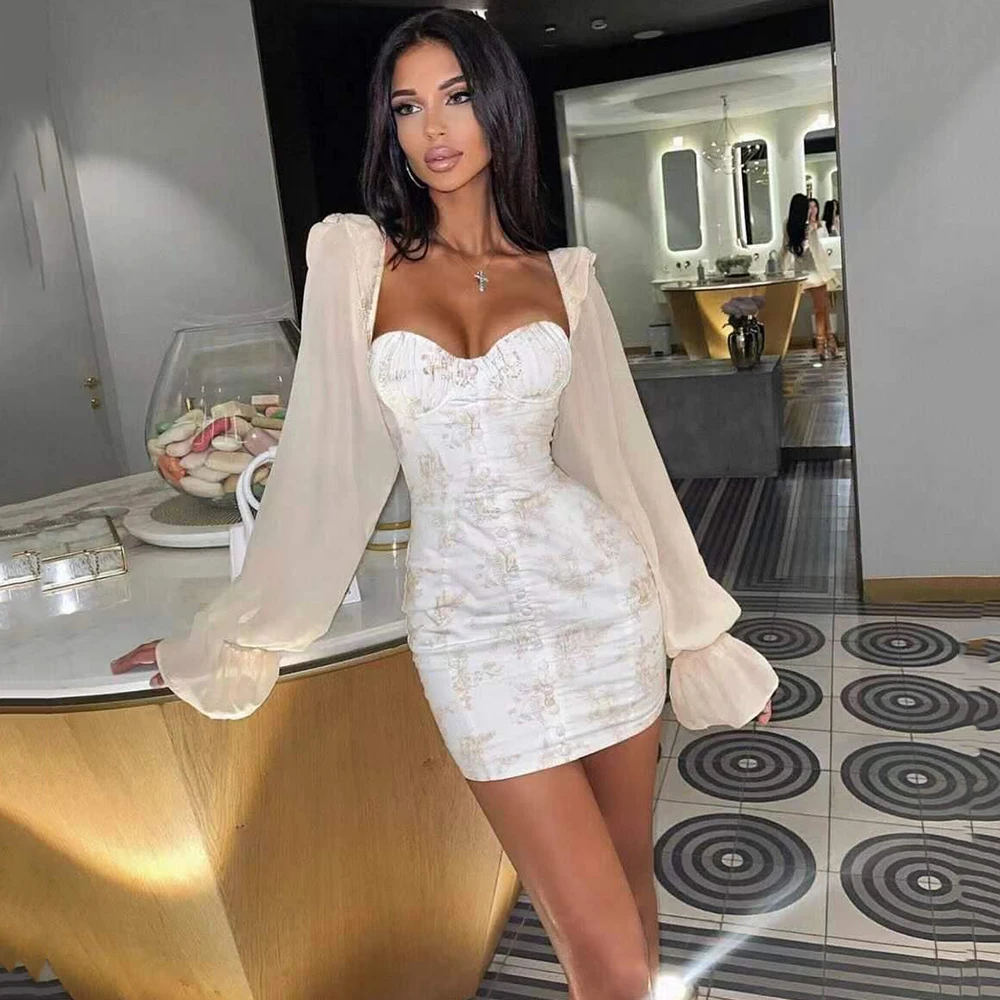 

2022 Autumn New Women's Sexy Lantern Sleeve Printed Mini Dress Bodycon Club Party Cocktail Evening Dress Vestidos