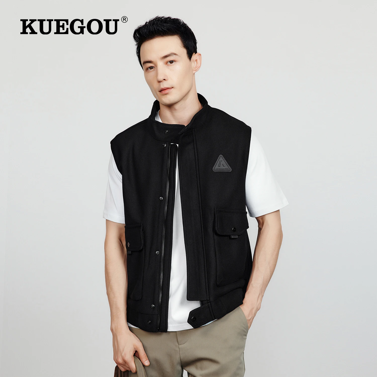 

KUEGOU 2022 Autumn Black Casual Jacket Vest Men And Coats For Outwear Japanese Streetwear Tactical Military Vintage Clothes 0673
