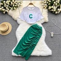 women casual skirts set fashion loose letter sequin t shirt top bodycon bow tie long split ruched skirts summer two piece suit