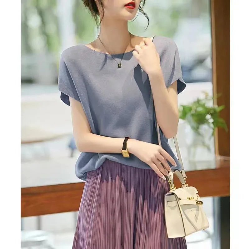 Сплошной цвет вязаный топ из ледяного шелка лето 24 простой модный свободный крой