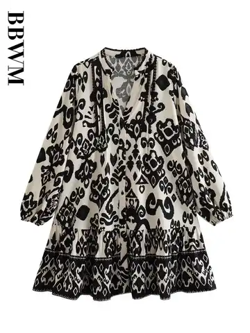 Print Mini Dress Women Loose Casual Dress Woman Summer Vintage Long Sleeve Dresses 2023 Laminated Decorative Hem Chic Dress