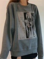 deeptown korean style gray graphic hoodies women harajuku punk crewneck sweatshirts loose casual couple tops high street vintage