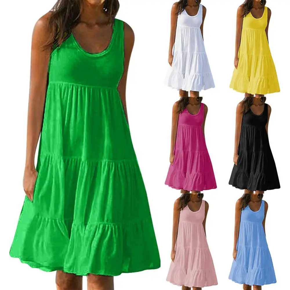 Hot Sales!!! Casual Women Summer Beach Solid Color Sleeveless Loose Midi Dress