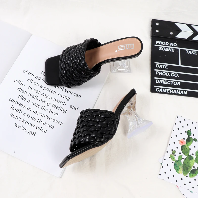 Large-size high-heeled slippers woven with crystal sandals 2022 summer joker black Transparent heel square toe women's shoes