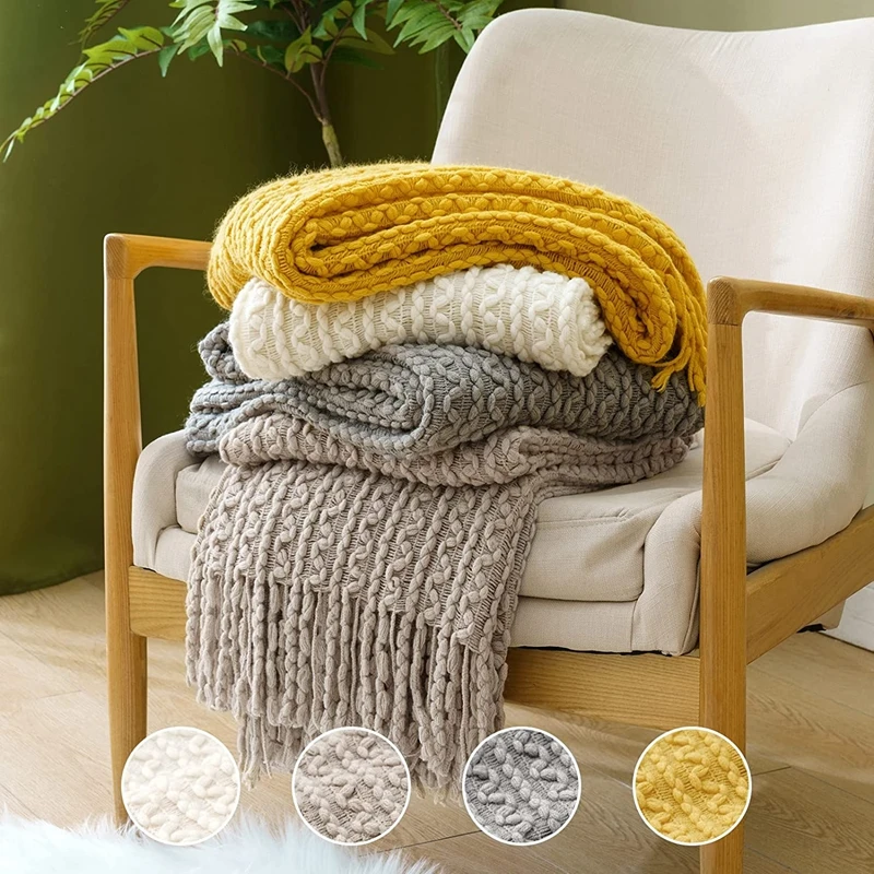 

Framhouse Boho Nordic Textured Knitted Throw Blanket with Tassels For Luxurious Couch Sofa Bed Cover Manta Para Sofá