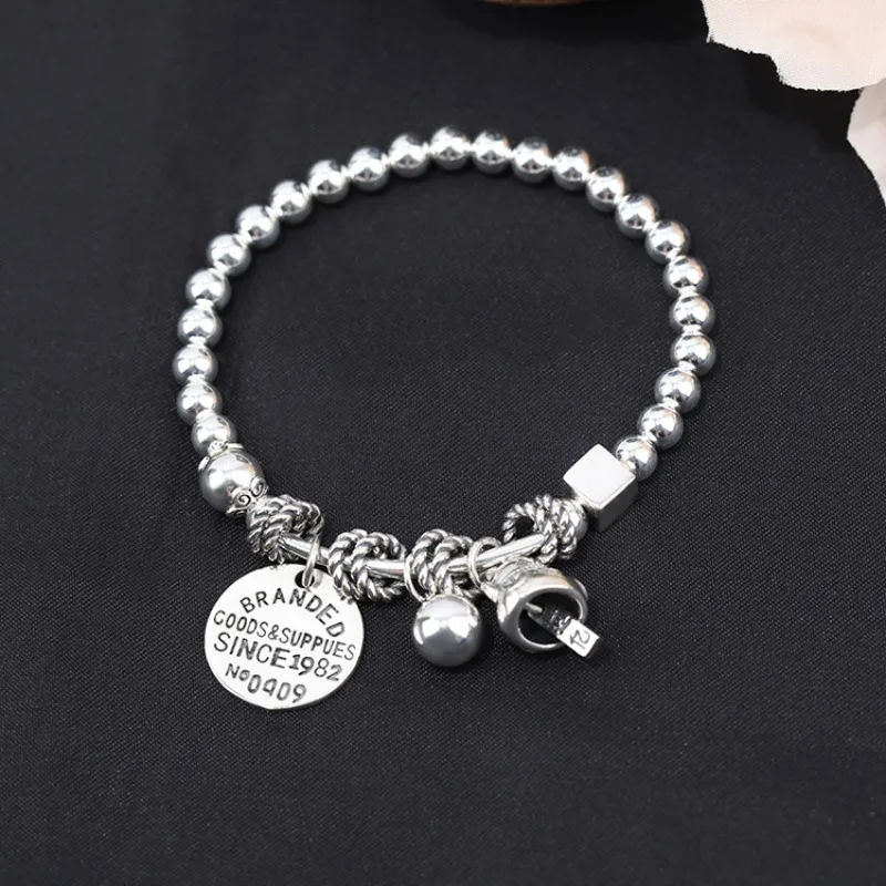 

S925 Sterling Silver Lucky Cat Circle Silver Bead Elastic Women Vintage Handmade Thai Silver Gift Versatile Bracelet Friend Gift