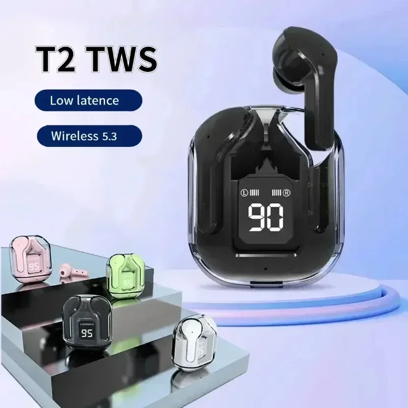T2 Tws Wireless Bluetooth Headset Transparent Headphones ENC Power Digital Display Stereo Sound Earp