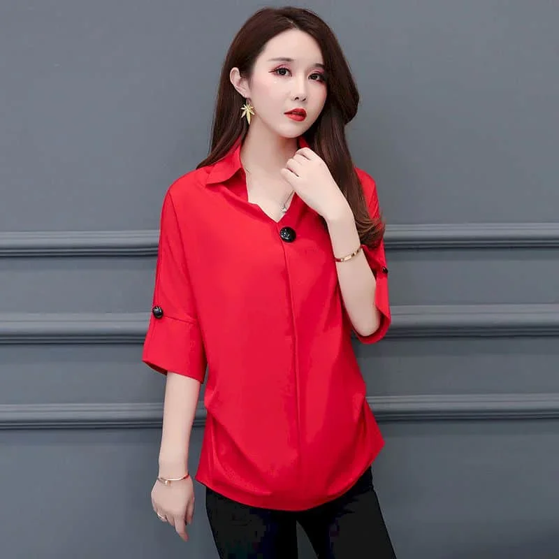 Шифоновые рубашки женские винтажные однотонные с v-образным вырезом свободные