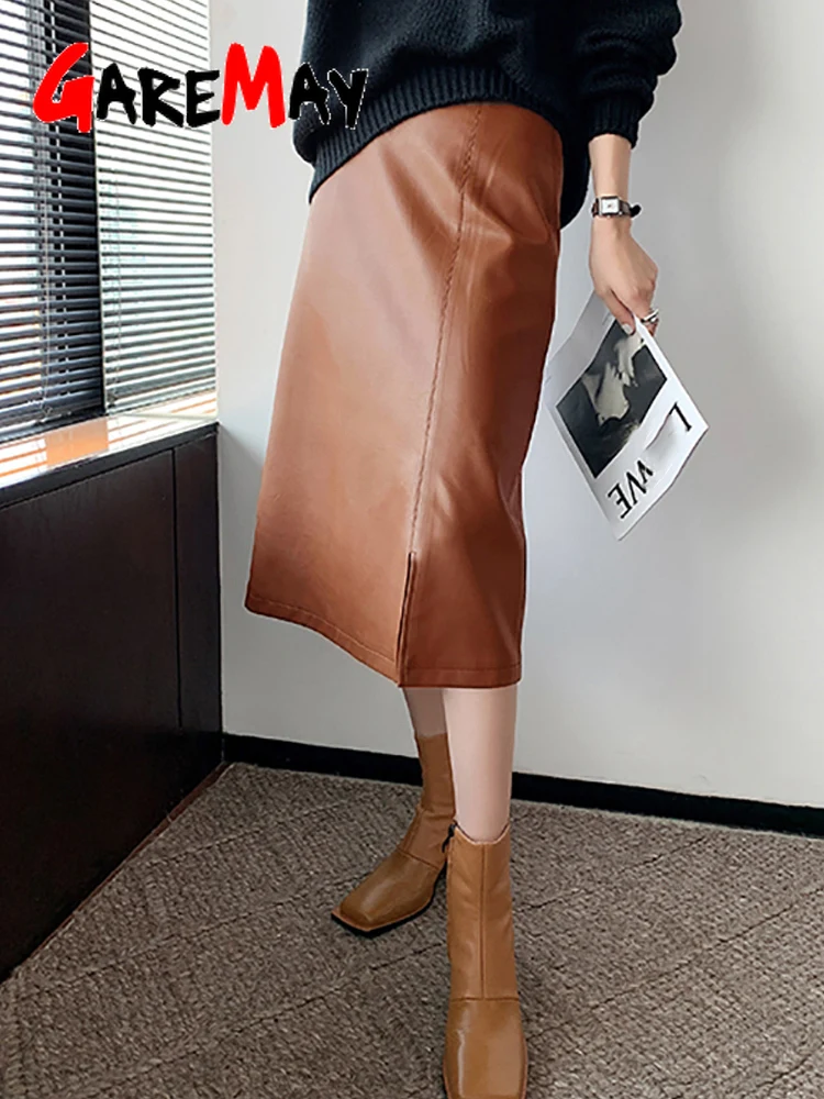 Autumn Winter Women's Leather Skirt with Side Slit A-line Vintage Long Midi High Waist Pu Faux Pencil | Женская одежда