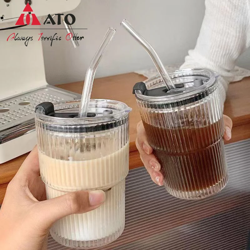 

450ml Breakfast Mug Simple Stripe Coffee Glass Cup With Lid and Straw Transparent Bubble Tea Cup Juice Glass Milk Cup