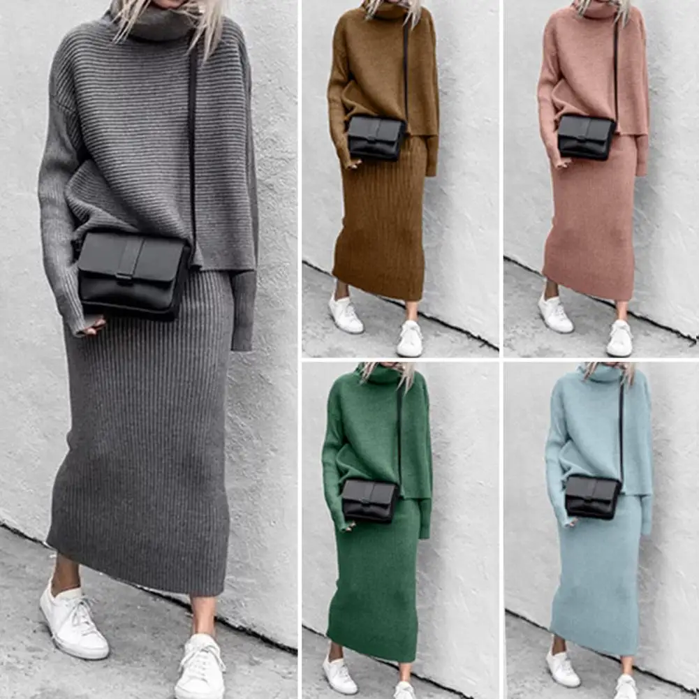 

2Pcs Women Knitted Tops Skirt Set Solid Color Loose High Collar Knitting Warm Pullover Ankle Length Winter Sweater Skirt Suit