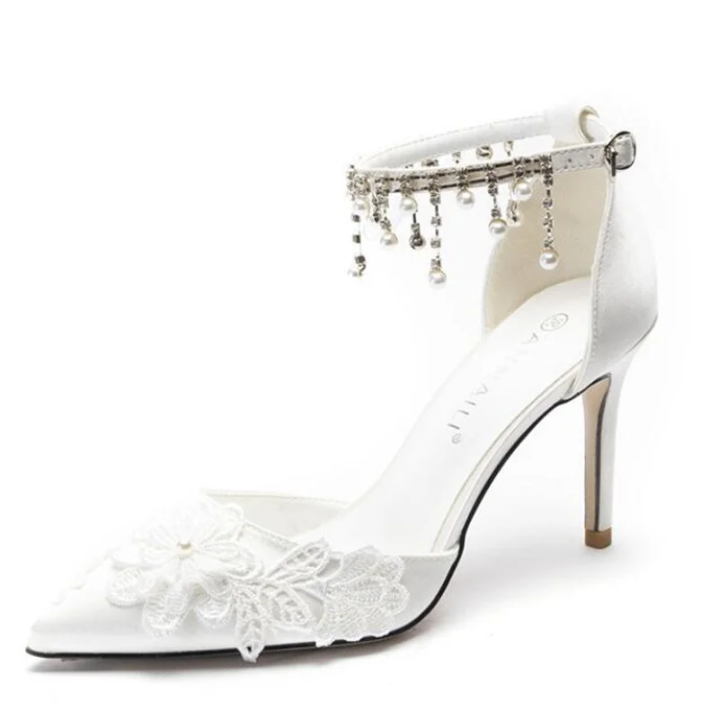 

French Wedding Shoes Pearl Tassel Chain Lace Flowers White High-Heeled Bridal Shoes One-Word Strap Hollow Shoes Woman Pumps