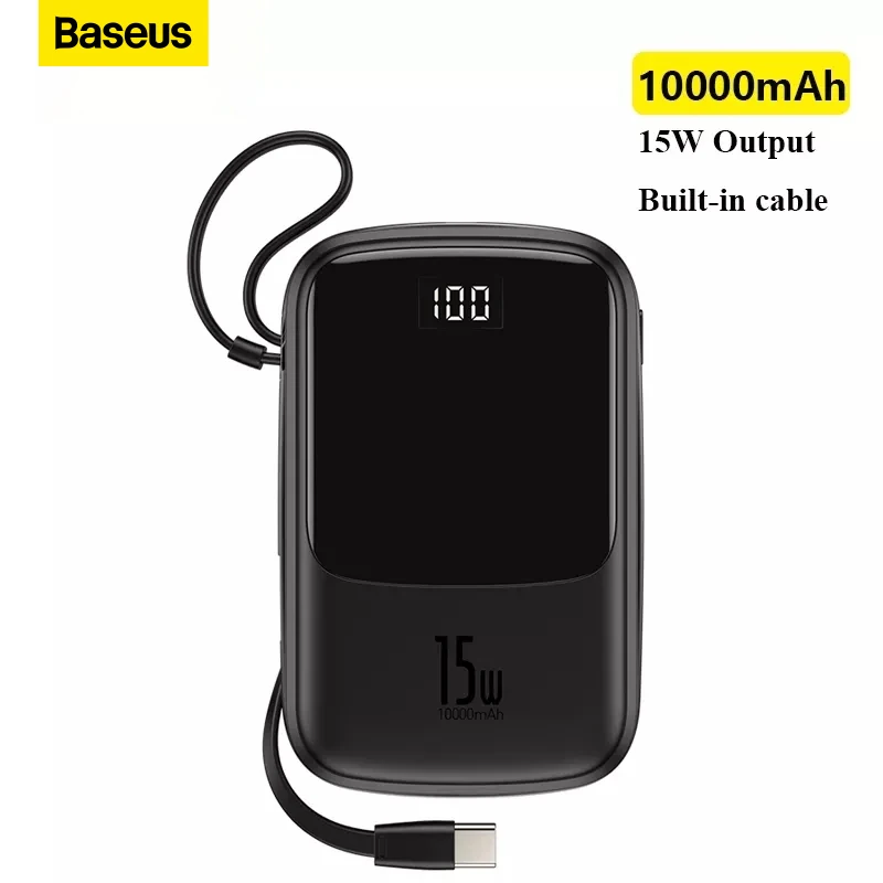 

Baseus Power Bank 10000mAh Built-in Type C Cable 3A 15W Powerbank Phone Charger Digital Display Poverbank Mini Portable Charger