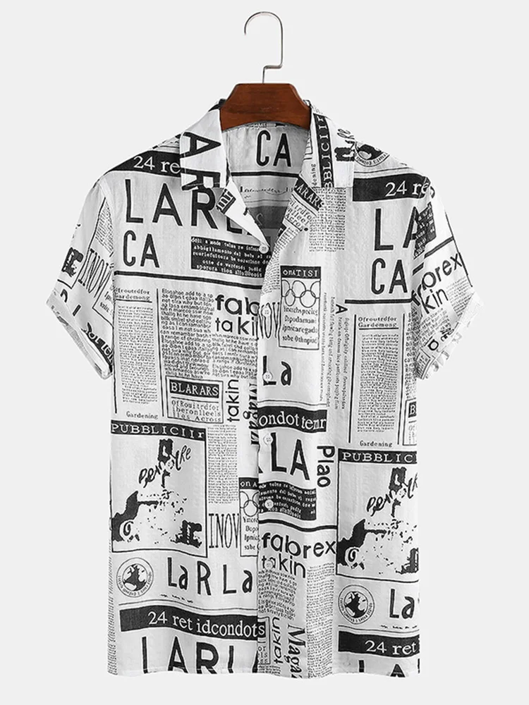 CharmkpR New Men 65% Cotton Fun Newspaper Printing Casual Streetwear Male Hot Sale Holiday Comfortable Short Sleeve Shirts M-3XL