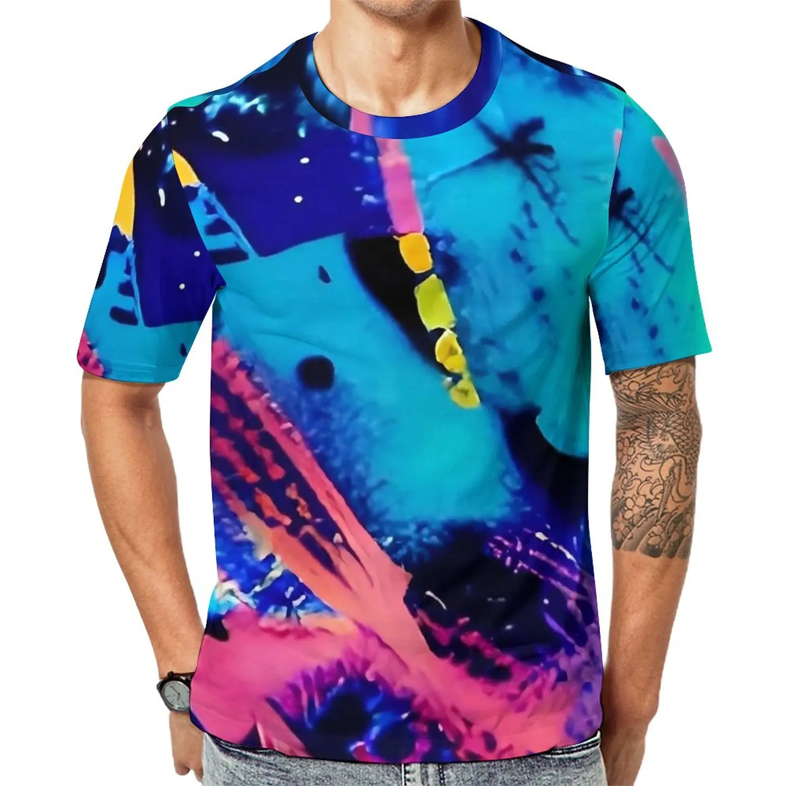 

Vibrant Brush Print T Shirt Abstract Art Trendy T Shirts Men Street Style Tee Shirt Original Short Sleeve Pattern Tees Plus Size