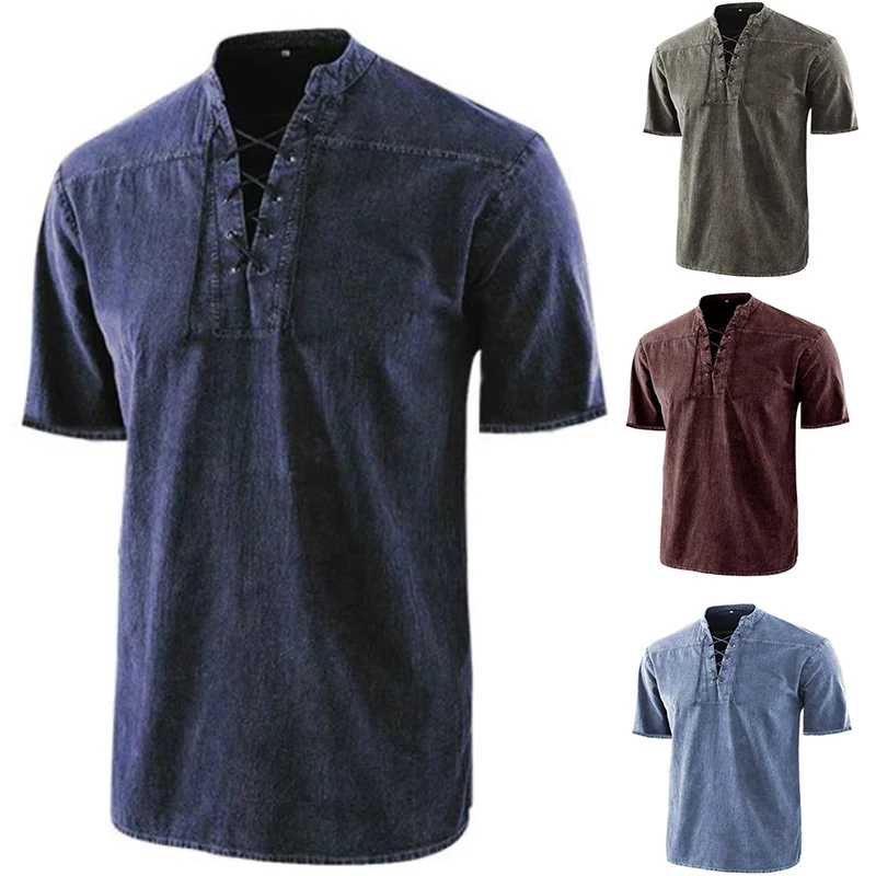 

Men's New Solid Color Retro Lace Up Collar Casual Short Sleeve Shirt Loose Plus Size Muscle Beach Holiday Tee High Quality Tops