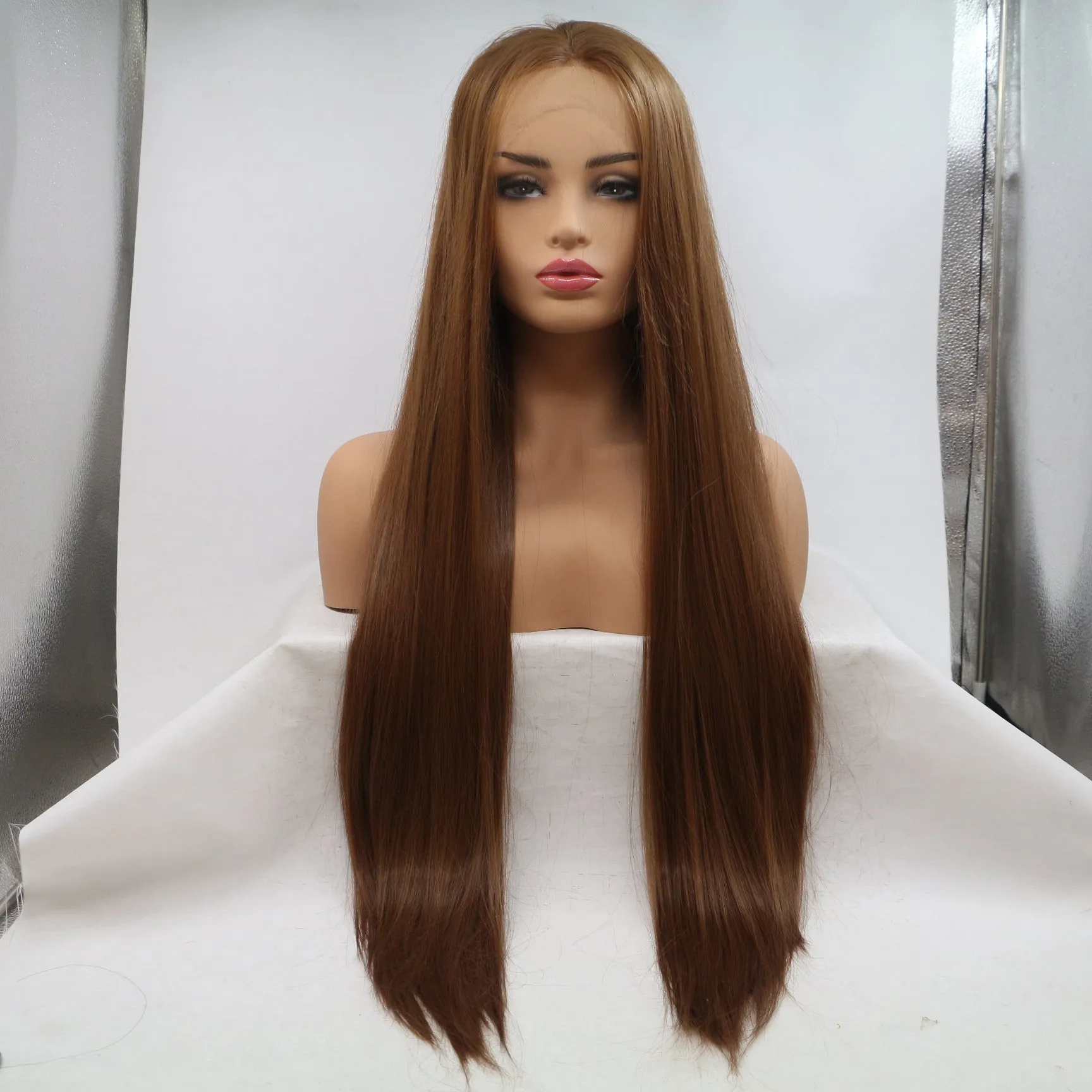 Women Wigs Brown Silky Straight Long Lace Front High Heat Resistant Fiber Synthetic Hair Wigs about 24 inches