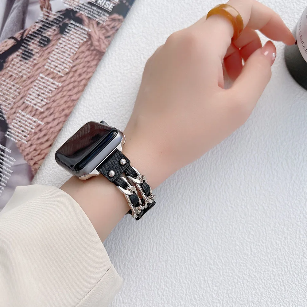 

Ремешок для Apple Watch Band 38 мм 40 мм 41 мм 42 мм 44 мм 45 мм, кожаный браслет с заклепками для женских часов iwatch 7/6/se/5/4/3/2