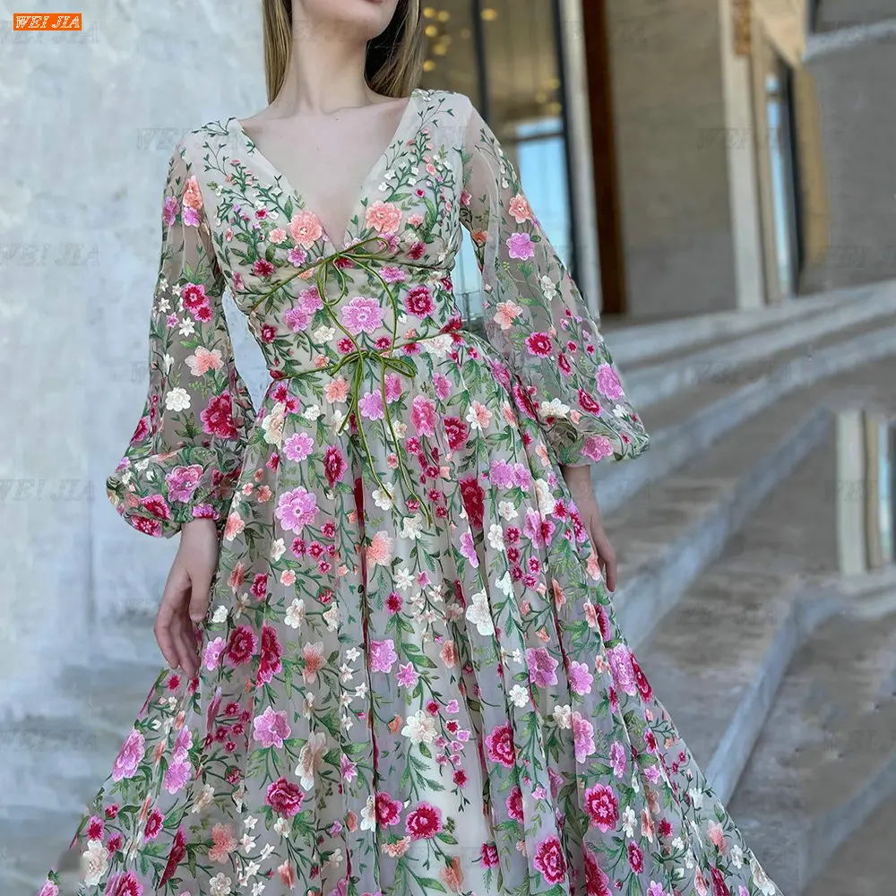 Женские вечерние платья WEIJIA в стиле бохо с V-образным вырезом и длинными рукавами