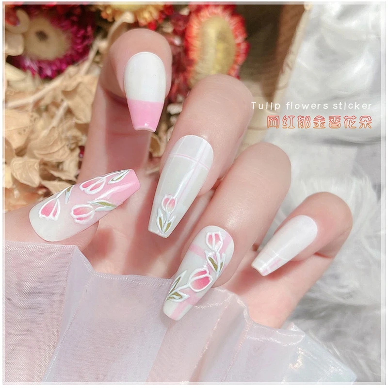 Японский стикер для дизайна ногтей цветок тюльпана 3D весенние элегантные