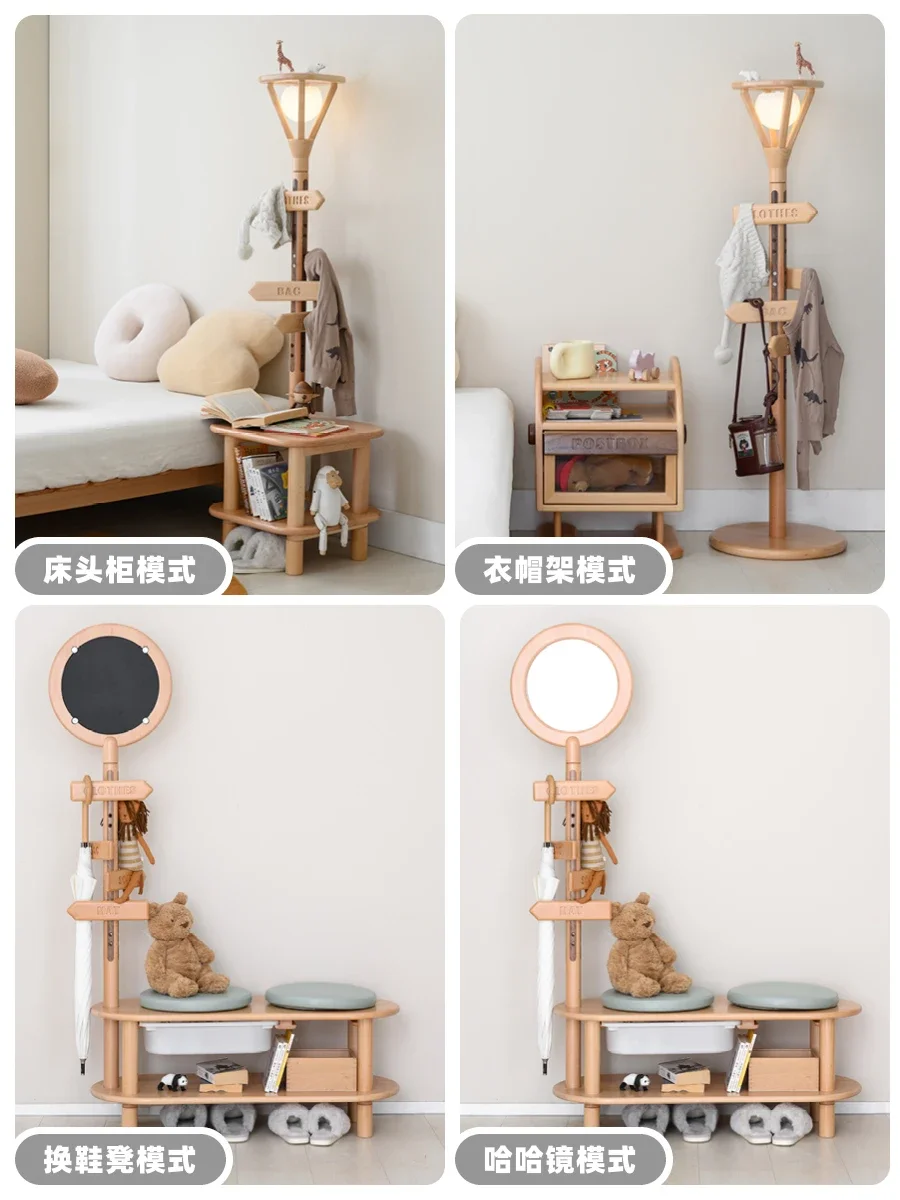 

Coat Rack Solid Wood Hanger Floor Vertical Shoe Changing Stool with Mirror