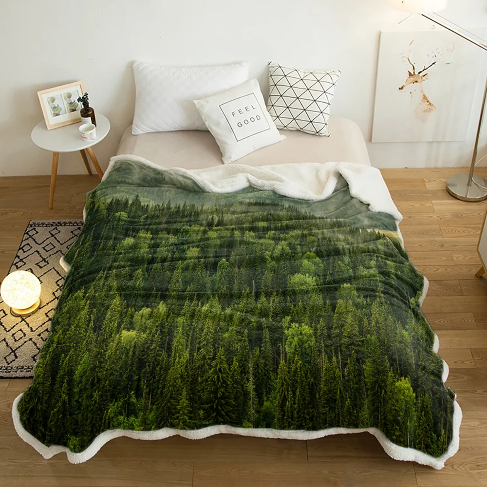 

Теплое зимнее шерстяное плюшевое одеяло с зеленым лесом, толстое Флисовое одеяло для путешествий, офиса, дивана, кровати, покрывало