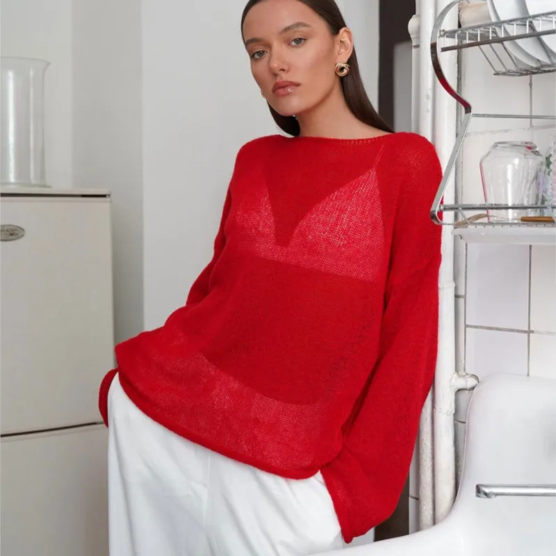 Женский вязаный пуловер с круглым вырезом и рукавом-колокольчиком