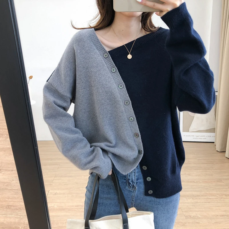 

Autumn Sweater Women Irregular Oblique Button Contrast Color Long-sleeved Knitted Sweater Women Loose Sweater Pullover Cardigan