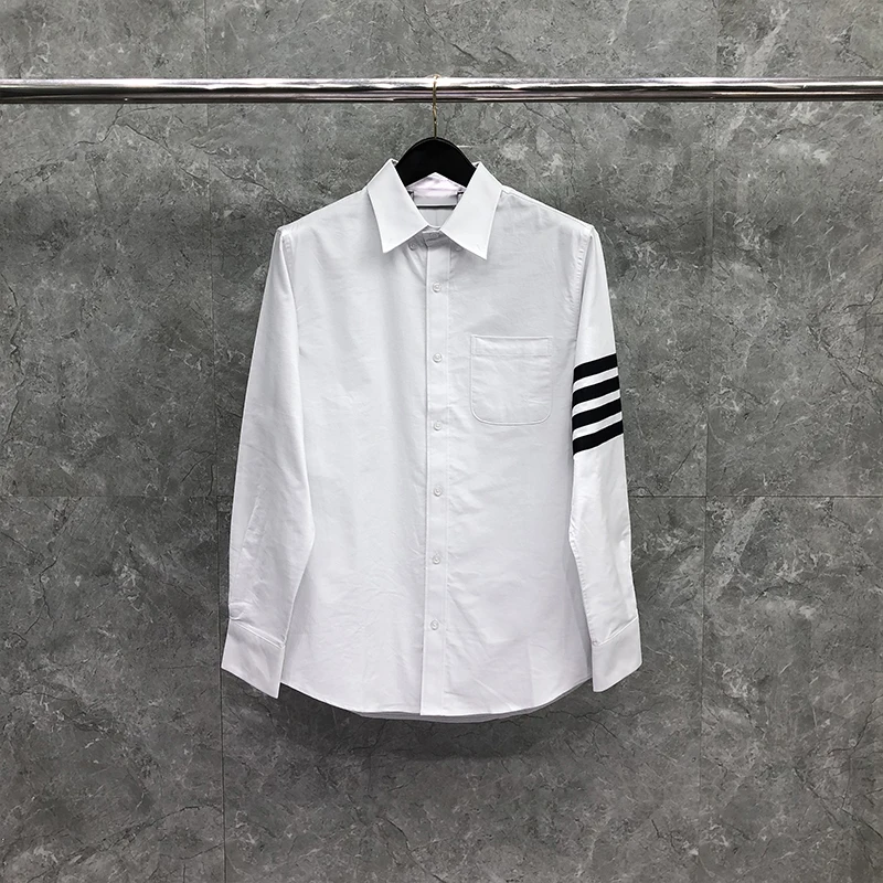 TB THOM Men's Shirt White Fashion Top Brand 4-Bar Navy Stripes Casual Oxford Fine Cotton Long Sleeve High Quality Women's Shirts