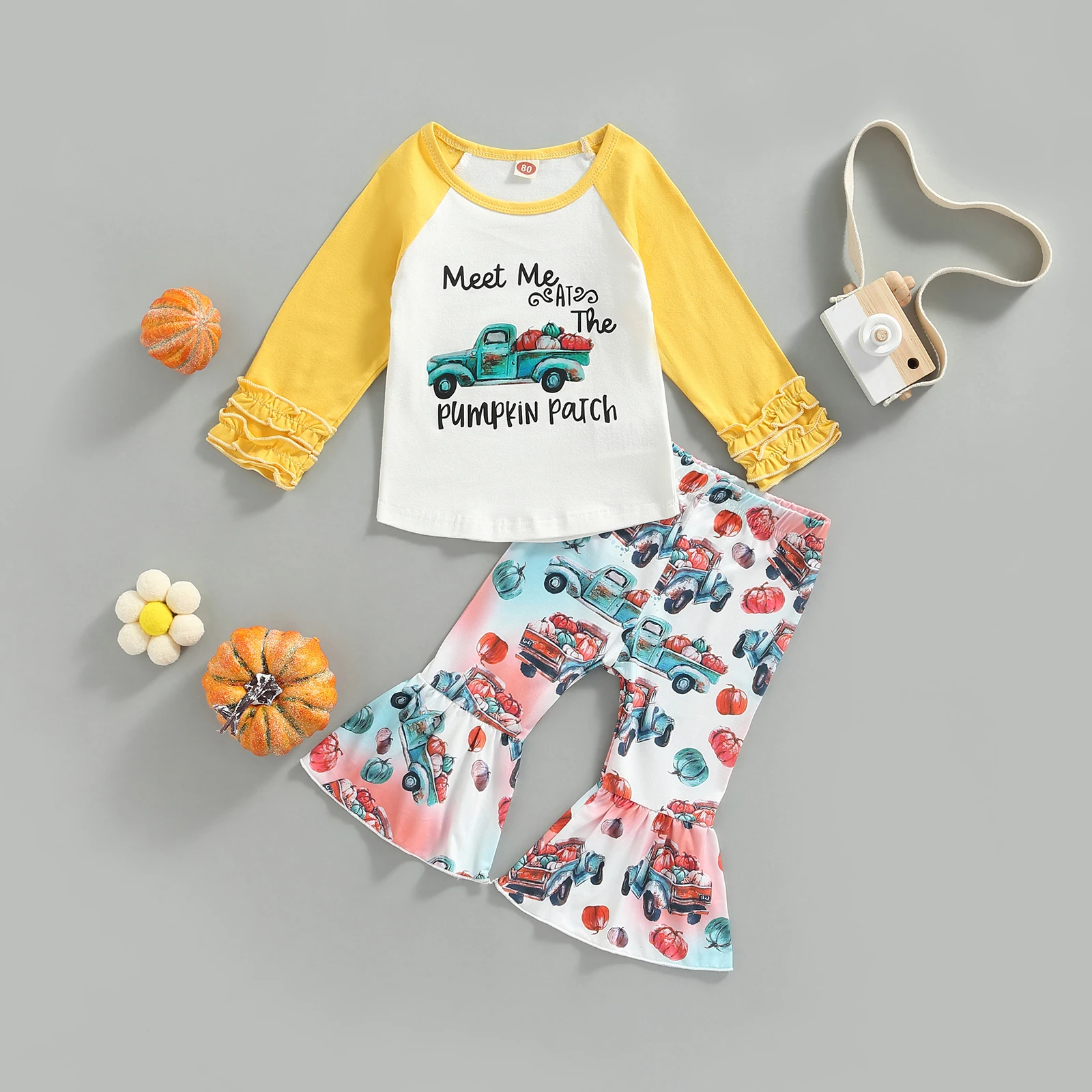 

Halloween Girl Two Piece Outfits, Long Raglan Sleeves Lettering Pumpkin Truck Pattern Round Neck Tops Elastic Waist Flared Pants