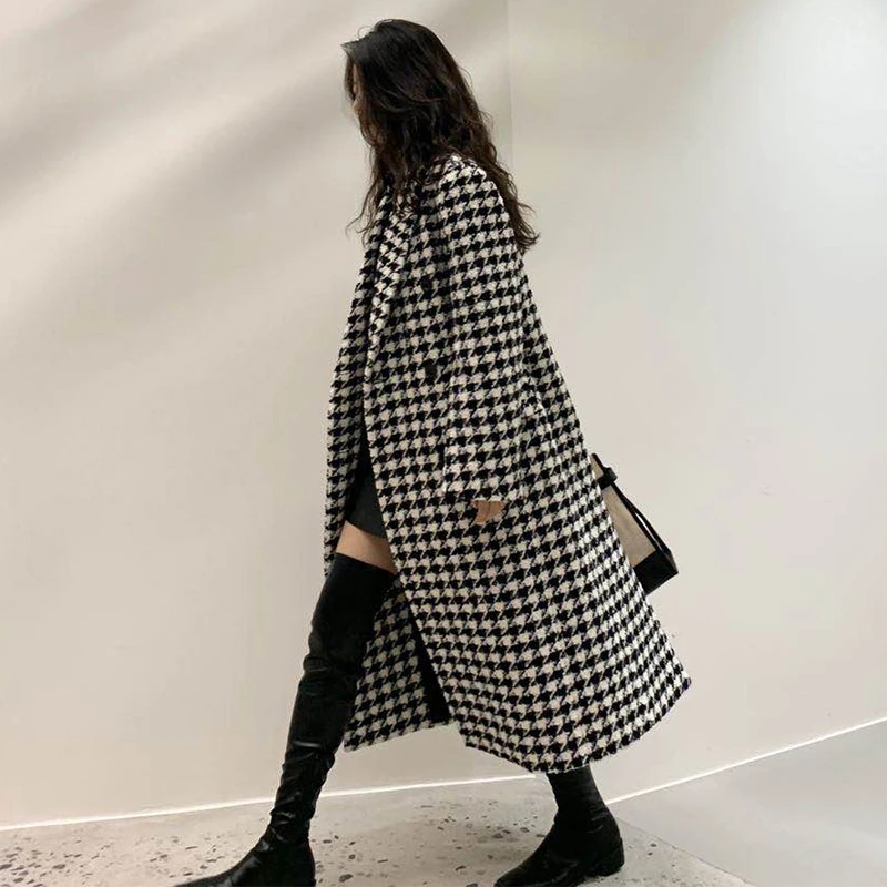 

2021 European and American style autumn women's new loose casual long houndstooth woolen coat jacket
