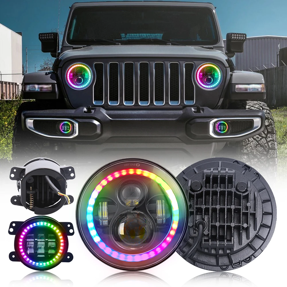Система De Iluminacions Motorcycle Led 105W Drl Kit Faros Ambar Rgb 7 &quotRound Halo RGB Bulb Фары
