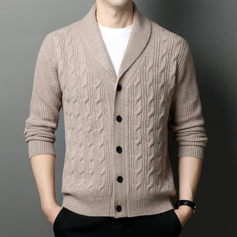 Heavy Men's Wool Cardigan Thickening Lapel Button Solid Color Green Collar Cardigan Casual Men's Knitted Wool Coat