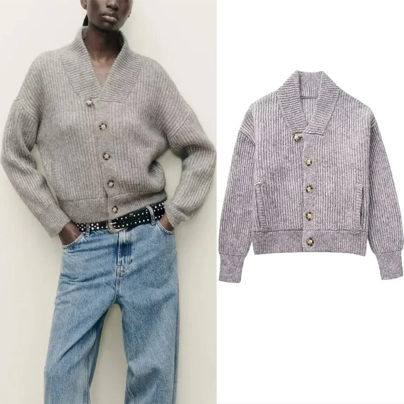 

TRAF Solid Knit Bomber Jacket Women Autumn Vintage V-neck Cardigans Sweater Female Casual Long Sleeve Single Breasted Sweater