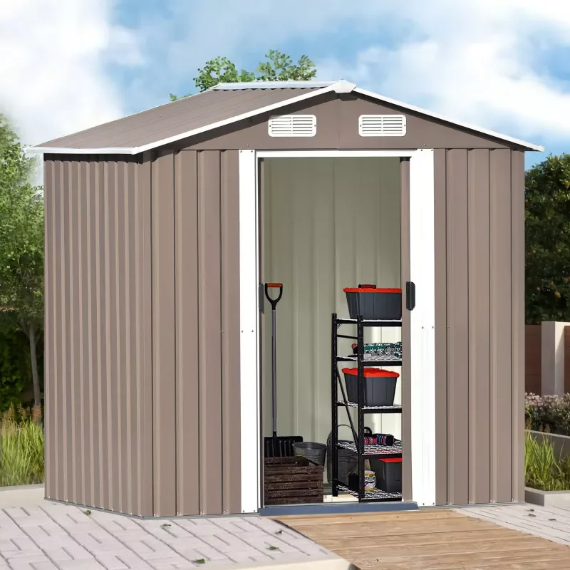 

6x4 Ft Garden Shed, Metal Storage Shed with Lockable Doors,Tool Cabinet with Vents and Foundation Frame for Backyard, Lawn,Brown